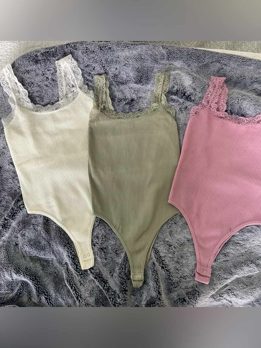 Hippie Rose-Set of 3-Ribbed Lace-Trim Bodysuits in Cream, Olive, Pink